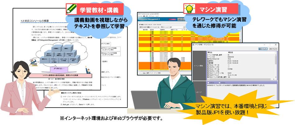 「マシン演習付きeラーニングコース」は講義動画を視聴しながらテキストを参照して学習できます。テレワークのマシン演習を通じた修得が可能。マシン演習では本番環境と同じ製品版JP1を使い放題。インタネット環境とWebブラウザが必要です。